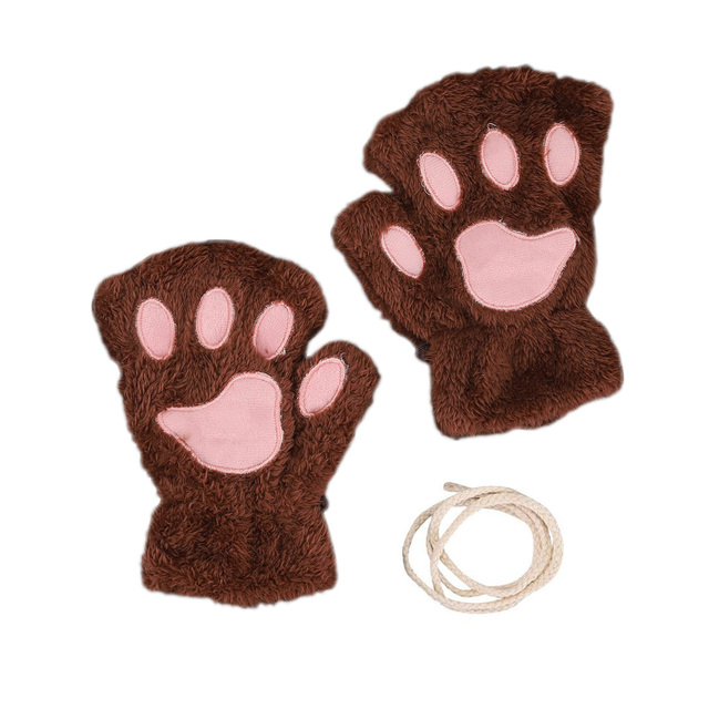 Cute Cat Paw Plush Fingerless Gloves Winter Warm Faux Fur Gloves Half Finger Gloves Lovely Bear Paw Gloves For Women Girls