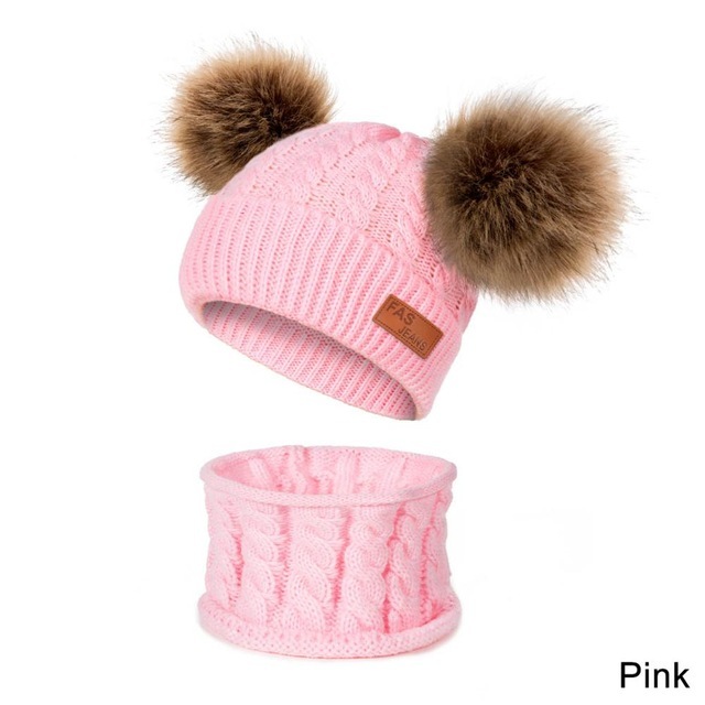 New Newborn Baby Kids Girls Boys Hat Scarf Winter Warm Knit Hat Furry Balls Pompom Solid Warm Cute Lovely Beanie Hat Gift Set