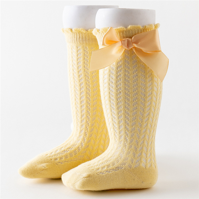 Newborn Baby Girls Solid Bow-knot Socks Breathable Mesh Cotton Knee High Leg Warmer Summer Infant Baby Soft Socks Clothes