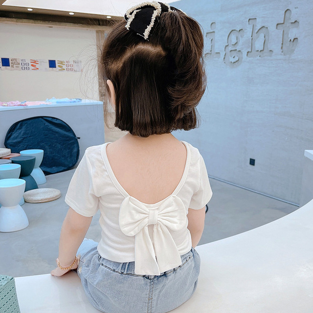 Children T-shirt for Girls Clothes Short Sleeve Back Bow-knot Baby Shirt Cotton 2022 Summer Solid Kids Clothes