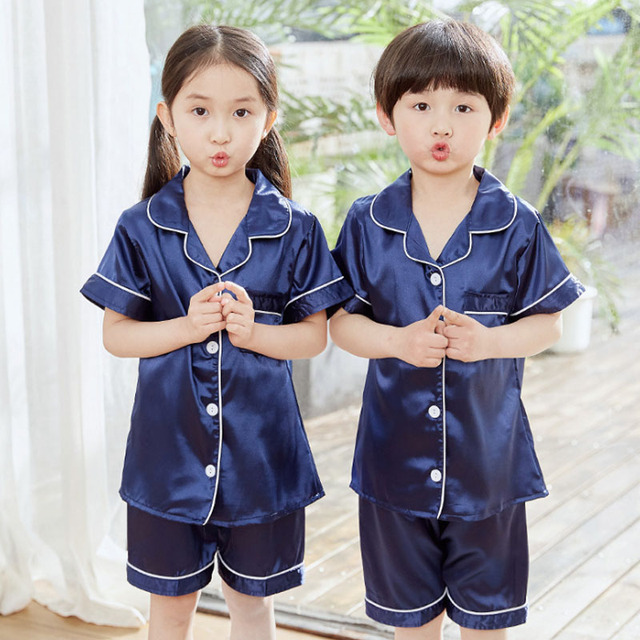 Silk Pajamas for Girls Boy Pajama Sets Summer Autumn Satin Long Sleeve Fashion Gray Pajama Toddler Kid Pajama Sleepwear Suit 3-14Y