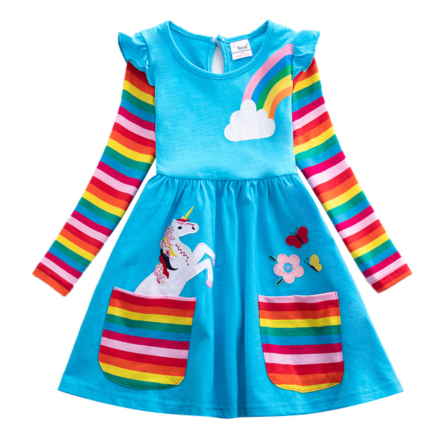 Girl Long Dresses New Autumn Spring Cartoon Girl Dress Casual Cotton Embroidered Girls Long Sleeve Unicorn Dress 81035