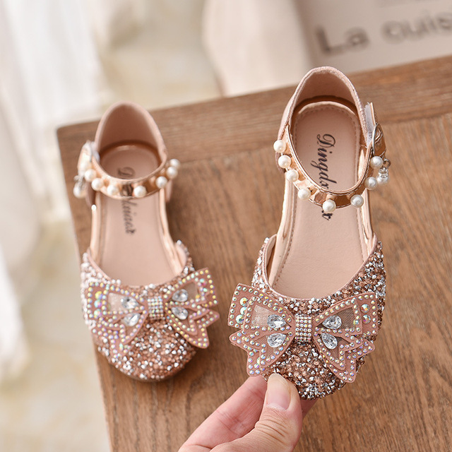 Girls Sequins Lace Bow Kids Shoes Girls Cute Pearl Princess Dance Single Casual Shoes 2021 New Children Party Wedding Shoes