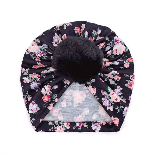 Cute Faux Fur Ball Baby Kids Turban Hat Floral Print Infant Headdress