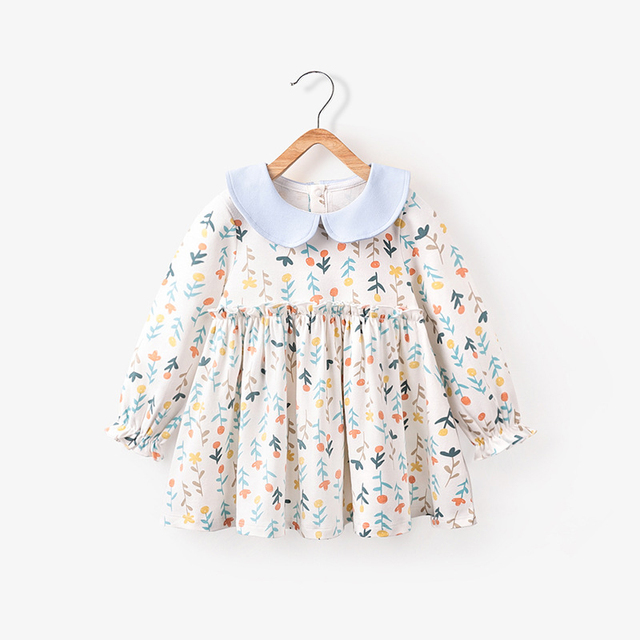 Baby Girls Spring Autumn Flower Printed Dresses Turn-down Collar Dress for Kids Children