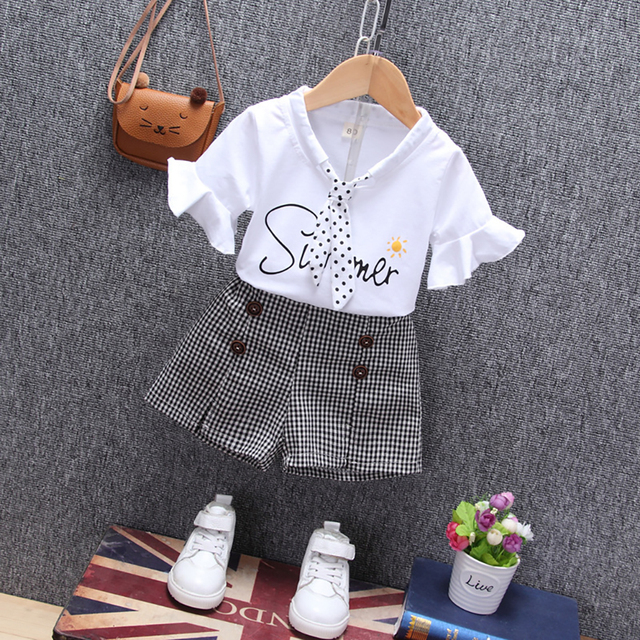 Girl Summer Clothes Set Letter Printed Petal Sleeve T-shirt + Check Short Pants 2 Pieces Suit With Point Necktie For Kids 12M-4Y JYF