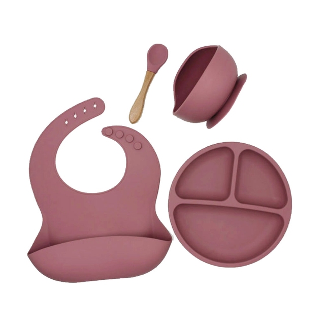 4pcs/set BPA Free Baby Silicone Tableware Waterproof Bib Solid Color Dinner Plate Lollipop Bowl and Spoon for Kids