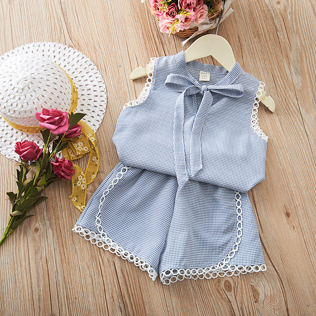 Kids Girl Plaid 2 Pieces Clothing Sets 2022 New Summer Fashion Lattice Bowknot Suits White Sealing Children Clothes Outfit