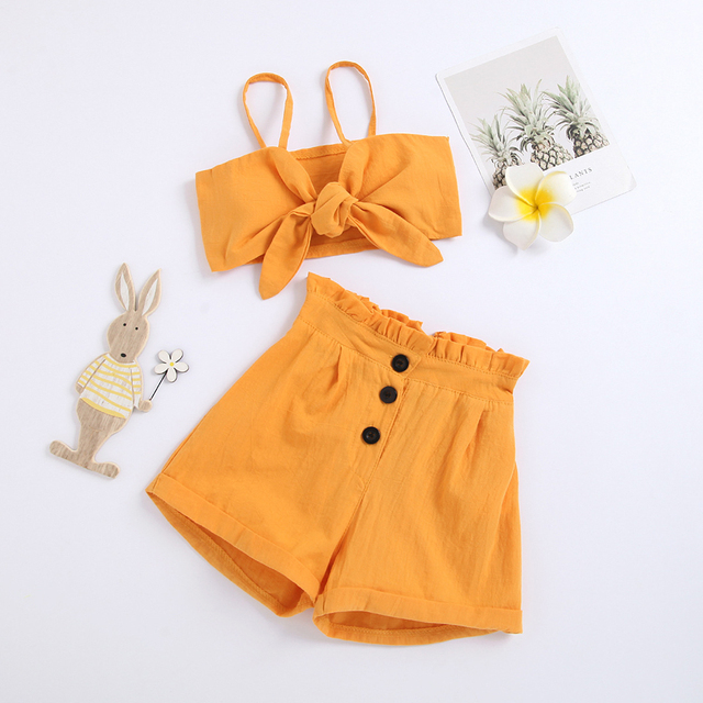 1-6y Infant Kids Baby Girls 2pcs Fashion Summer Clothes Set Bowknot Solid Crop Tops Vest Shorts Pants Outfits