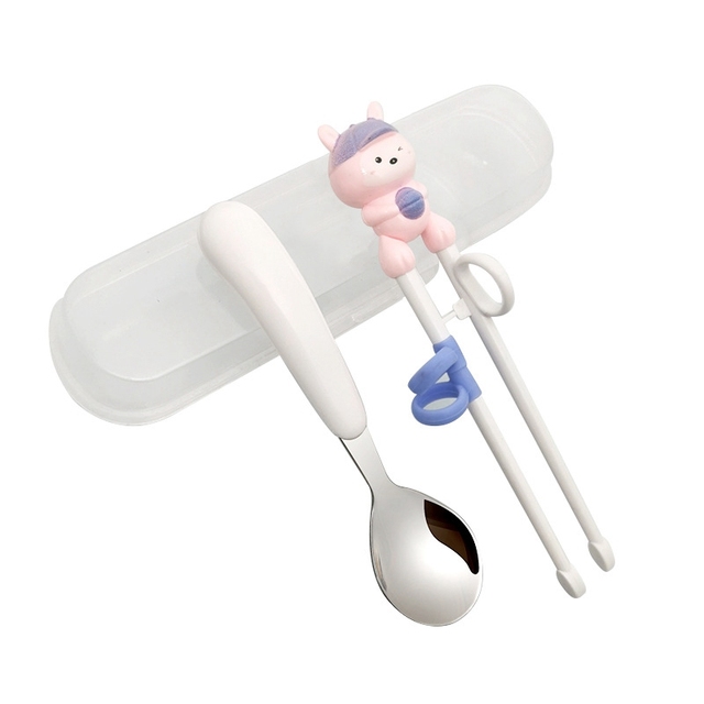 1 Pair Cartoon Learning Chop Sticks Reusable Training Baby Chopsticks or Feeding Spoon Tableware Learning Eating Set with Box