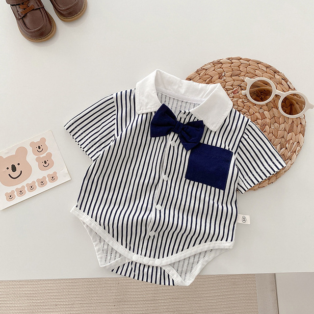 Summer 2022 Infant Boys Short Sleeve Bowtie Lapel Collar Gentleman Birthday Party Baby Bodysuits Rompers Toddler Outfits