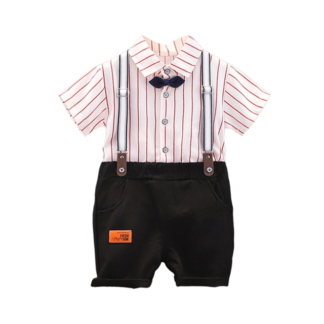 Summer Kids Boys Striped Shirt Straps Shorts Baby Boy Clothing Sets Short Sleeve Genetleman Suit 1-4 Years For Baby