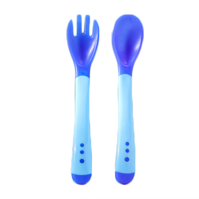 Children spoon and fork baby safety temperature sensor children feeding dishes kitchen spoons for kids