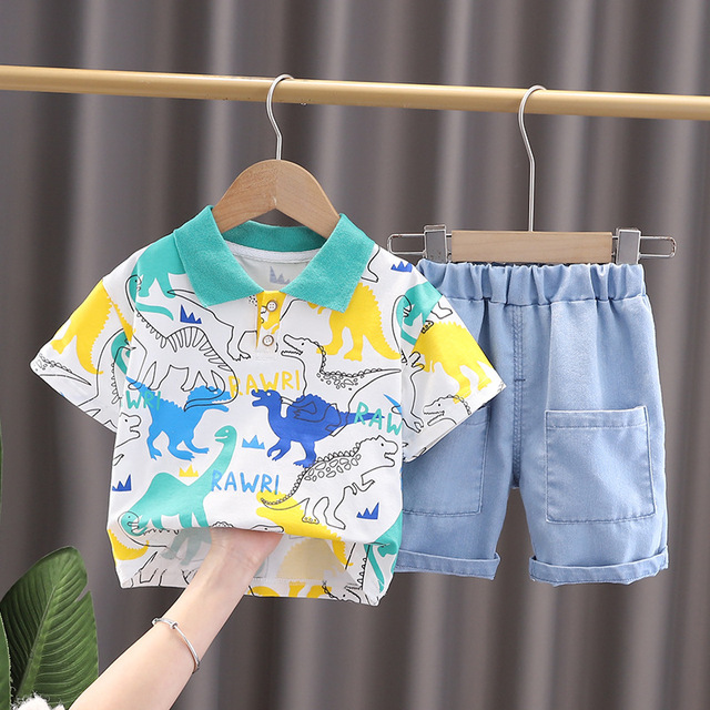 Baby Boy Kids Clothes Fashion Summer Lapel Cartoon Cute Short Sleeve Sports Shorts 2 Pieces Set 1 2 3 4 5 Years