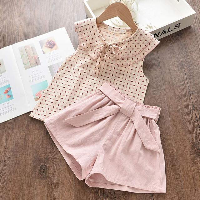 Pink Girls Set with Lapel and Shorts Baby Clothes 2-6T Polka Dot Design Fashion Outfit New Summer 2021