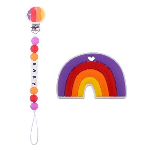 2pcs Baby Pacifier Chain Clip Rainbow Teether Set Newborn Nipple Dummy Clip Holder Silicone Teething Soother Molar Toys QX2D