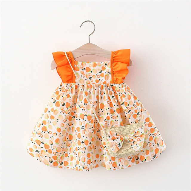 Summer Sleeveless Bowknot Dress Ruffles Floral Print Dress Bag Set Vacation Party Dress Toddler Infant Baby Girls Princess Dress