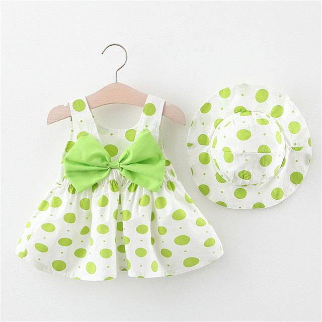 Cute Girls Dress New Summer Baby Boy Dresses Cute Sleeveless Bowknot Baby Dress Girls Dot Print Princess Dress Hat Set