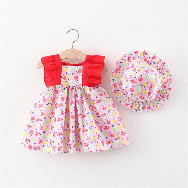 Toddler Infant Baby Girls Sleeveless Dress And Hat Set Cute Ruffles Floral Dress Summer Princess Dresses Vacation Party Dress