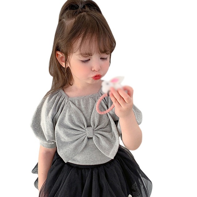 Summer girls cute casual T-shirt baby sweet bubble sleeve princess clothes big bow short sleeve top