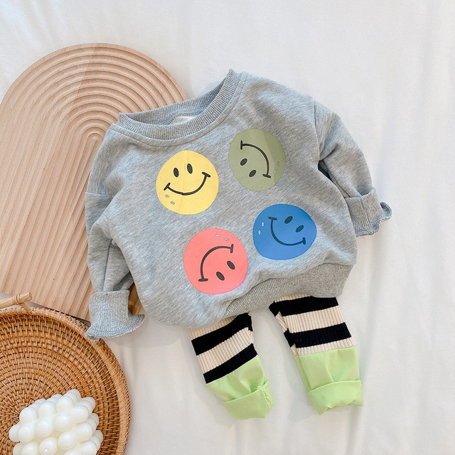 2022 spring kids clothes set cartoon long sleeve smile loose blouse and pants 2 piece suit