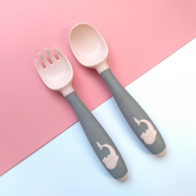 Silicone Baby Spoon Fork Kids Cutlery Set Cartoon Cute Utensil Baby Learning Training Spoon Infant Soft Fork