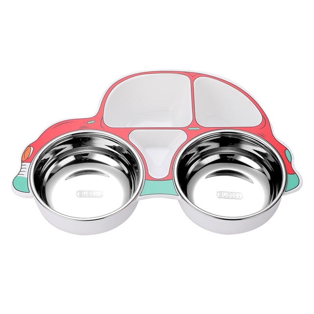 Children's Tableware Set Stainless Steel Dishes Baby Feeding Plate Spoon Fork Cute Cartoon Car Shape Bowl New Arrival