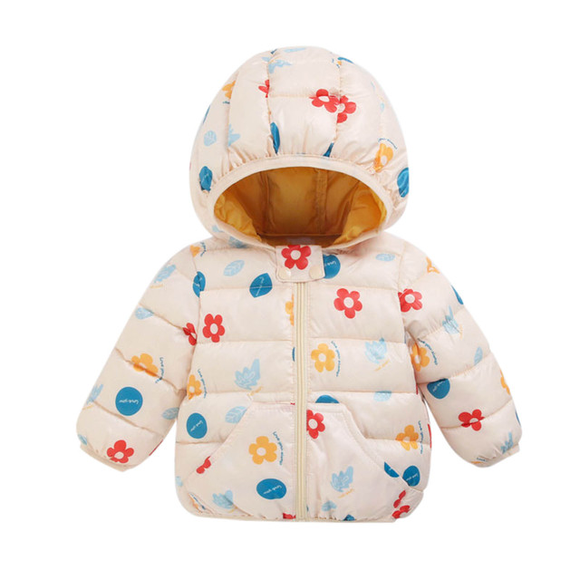 Cartoon Dinosaur Flower Print Hooded Cotton Down Jacket Baby Winter Cartoon Windproof Coat Hooded Warm Outerwear Jacket Freeship