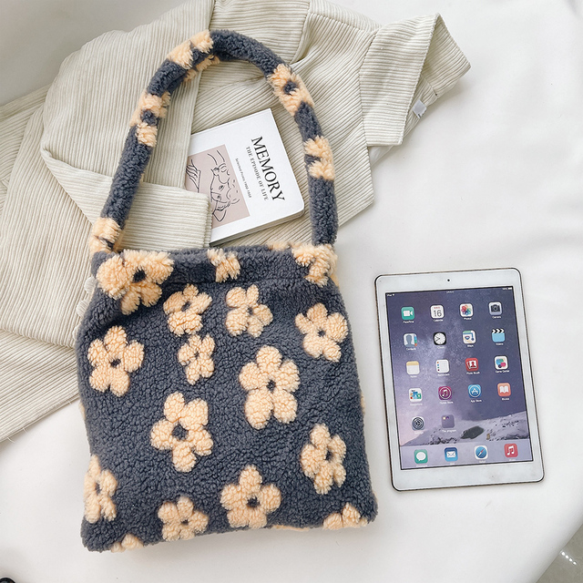 Stylish design plush flower pattern women tote bag casual handbags large capacity ladies designer shoulder bag simple female bag