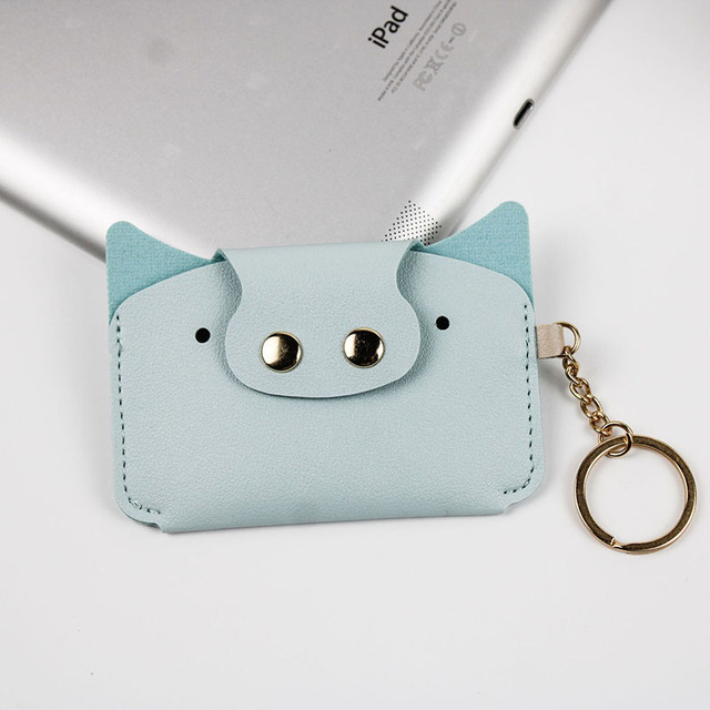 Creative Card Holder Cartoon Simple Animal Piggy Shaped PU Leather Kawaii Small Wallets Keychain Coin Purse ID Card Bag for Girls