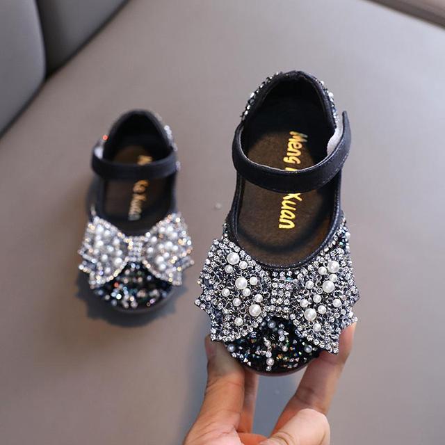 Autumn girls leather shoes princess square rhinestone bow single shoes fashion children performance wedding shoes