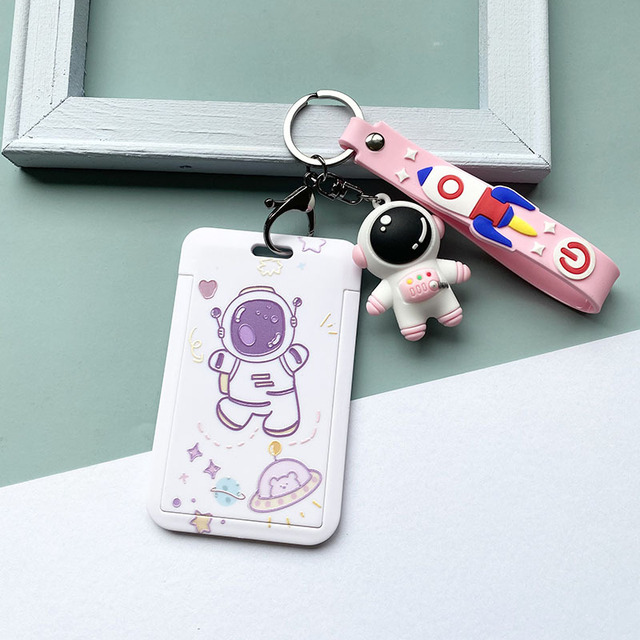 Cute Astronaut Cartoon Card Holder Keychain Student Doll Access Control Ic Card Sliding Certificate Cover For Women Men Wallet