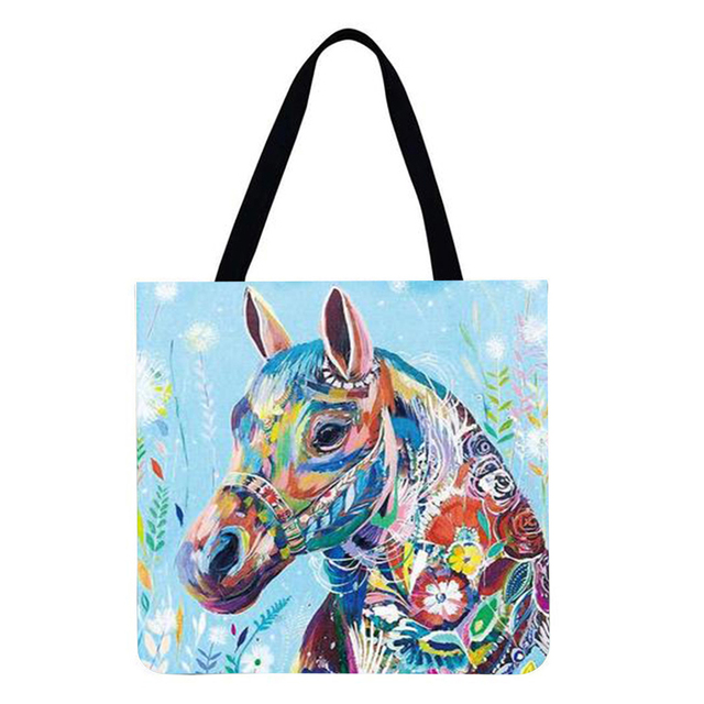 Reusable Linen Shopping Bags Casual Ladies Animal Horse Printed Pattern Tote Square Large Capacity Storage Bag