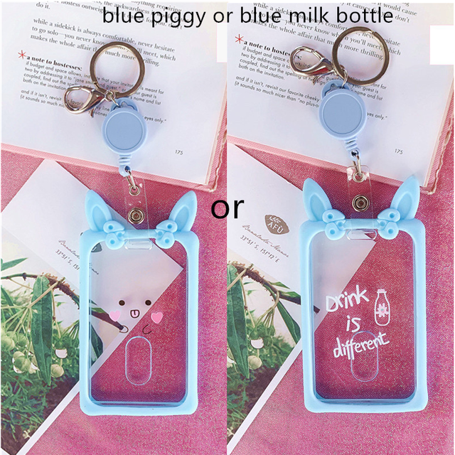 Cute Ear Card Holder Retractable Piggy Milk Bottle Student Card Holder Bus Pass Cover Keychain Card Badge Storage Bag