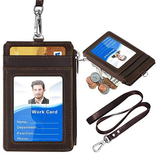 Badge Holder with Zipper, PU Leather ID Badge Card Holder Wallet with 5 Card Slots, 1 Side RFID Blocking Pocket and 20 Inch Neck