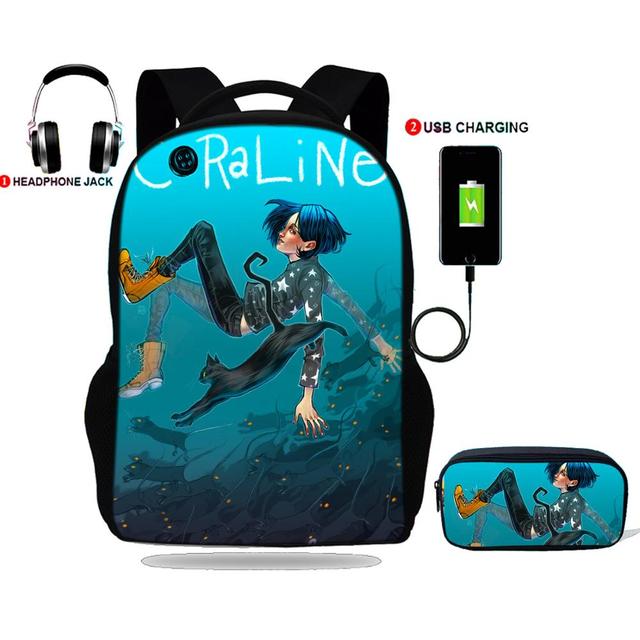 حقيبة ظهر للمراهقين ، طباعة Coraline ، حقيبة مدرسية ، شحن USB ، للمدرسة