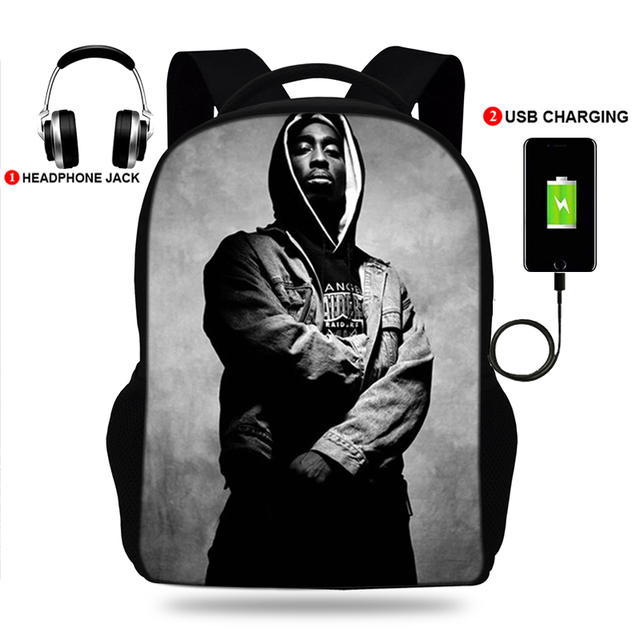 USB Port Book Bag Student School Bag For Boys Girls Travel Rapper Tupac Backpack