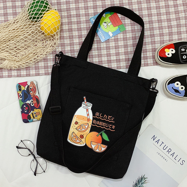 2021 women canvas shopper bag with print shopper tote bag girls summer bags female cartoon orange shoulder bag school bag