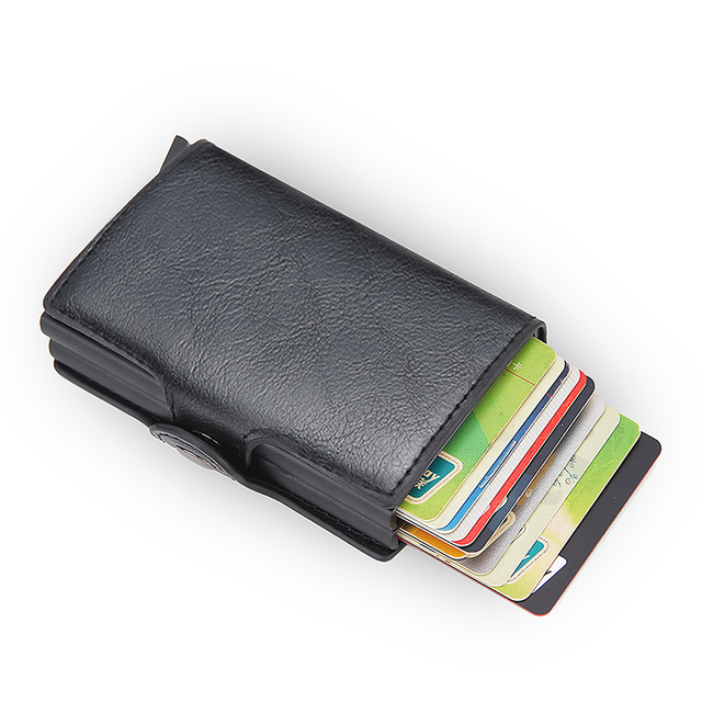 DIENQI- Genuine Leather Anti-Rfid Card Holder for Men Simple Male Wallet Aluminum Metal Card Holder