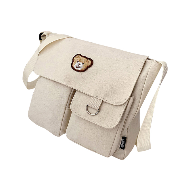 Women Canvas Multi-Pocket Shoulder Bag Student Fashion Zipper Crossbody Bag Middle School Reusable Eco-friendly Travel Book Bag