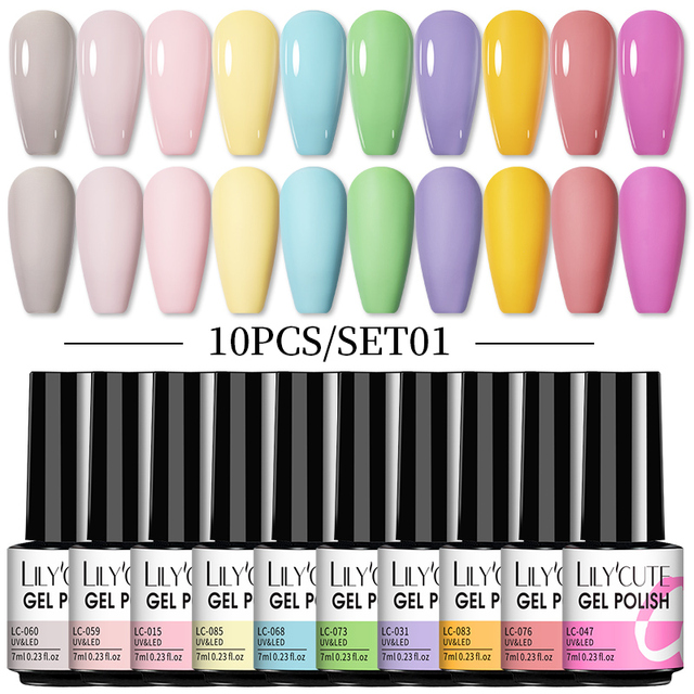 LILYCUTE 10pcs Gel Nail Polish Set With UV Lamp Nude Gel Semi Permanent Hybrid Varnish Base Top Coat Soak Off UV LED Nail Art