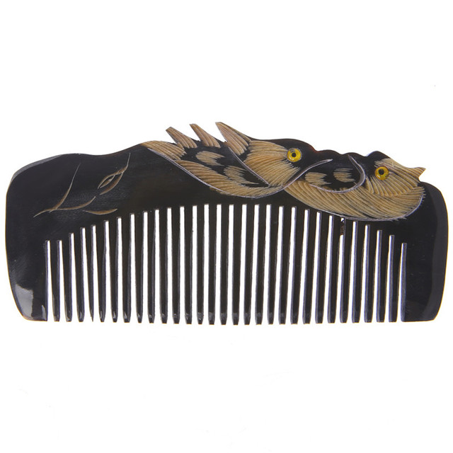 New luxury natural horn hair comb craft with mandarin duck carvings handle