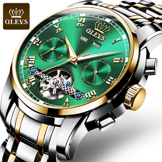 OLEVS Automatic Mechanical Men Watches Stainless Steel Waterproof Date Week Green Fascio Classic Wristwatches Reloj Hombre