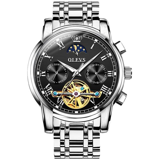 OLEVS-Men's Mechanical Watch, Classic, Water Resistant, Stainless Steel, Skeleton, Mechanical