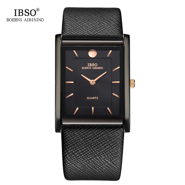 IBSO 7mm Ultra-thin Rectangle Dial Quartz Wristwatch Black Genuine Leather Strap Watch Men Business Classic Men's Quartz Watches