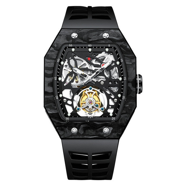 Aesop trending square flying tourbillon watch carbon fiber bezel mechanical men watches top quality red skeleton male watch