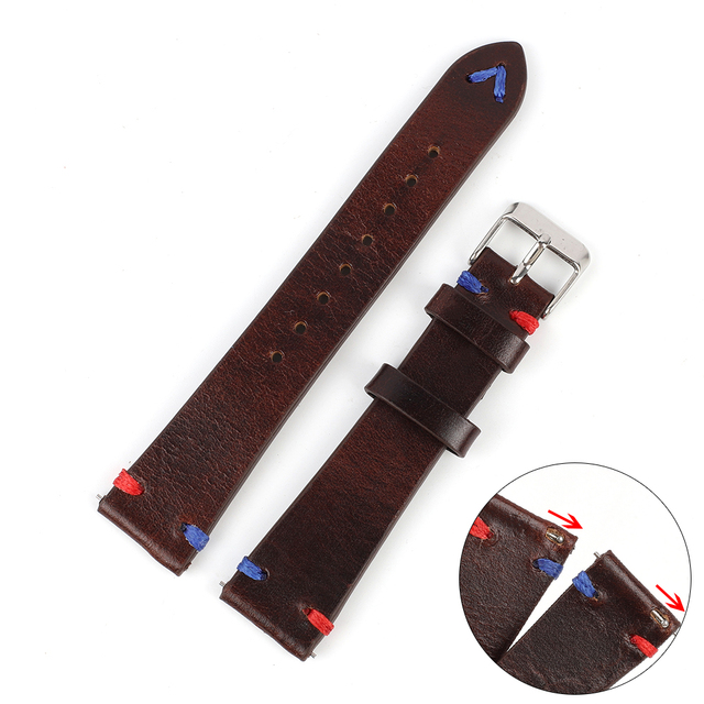 Handmade Retro Genuine Leather Watch Band 20mm 22mm Red Blue Line Calfskin Watch Strap Bracelet for Men Watch Accessories