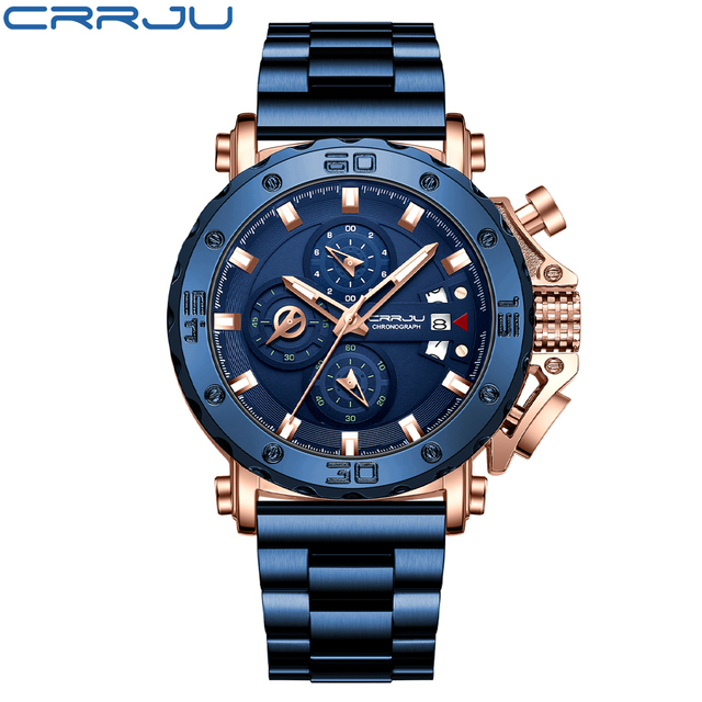 CRRJU Men Watch Luxury Brand Big Dial Stainless Steel Waterproof Chronograph Wrist Watches With Date Relogio Masculino