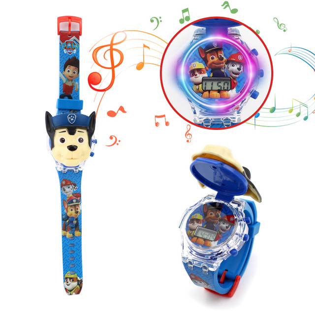 Animation Paw Patrol Children's Watch Boy Chase Children's Flash Luminous Music Clock Face Boy Child Toy Clock Birthday Gift Clock