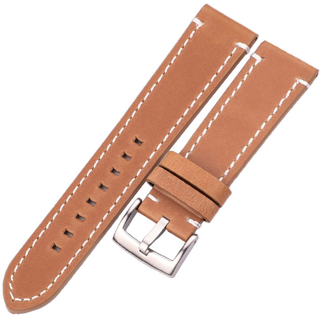 HENGRC - Genuine Cowhide Leather Watch Strap for Men and Women, Thickness 18, 20, 22, 24mm, Handmade, Retro, with Metal Buckles